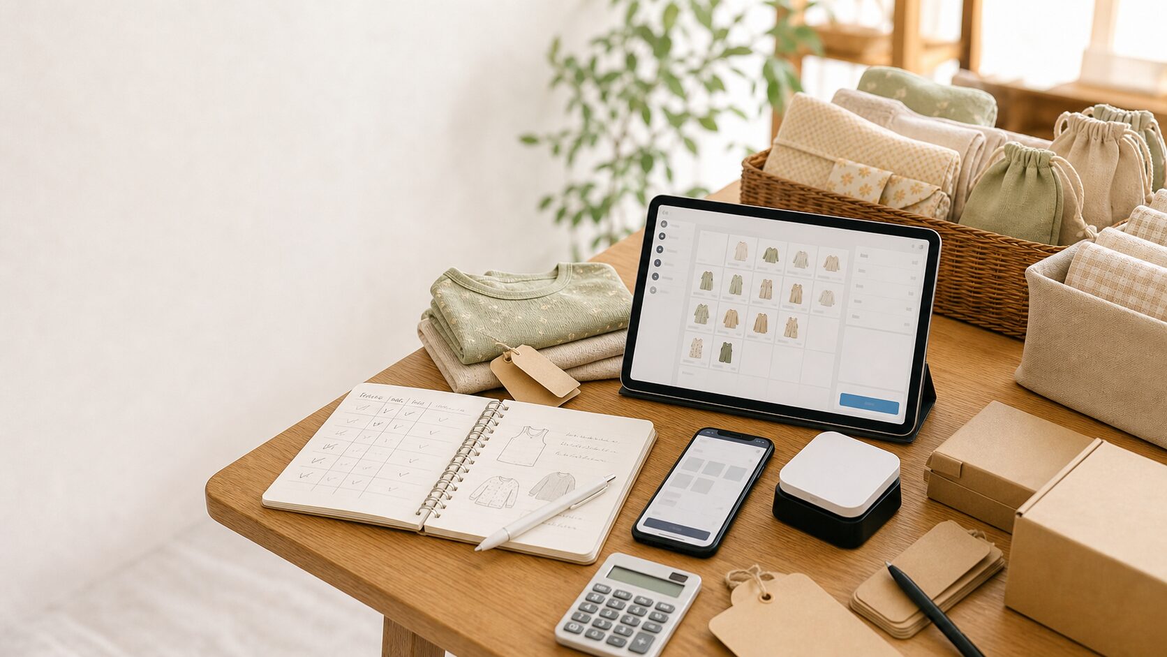 ハンドメイド作家の売上管理と在庫管理を手帳やタブレットで行うイメージ